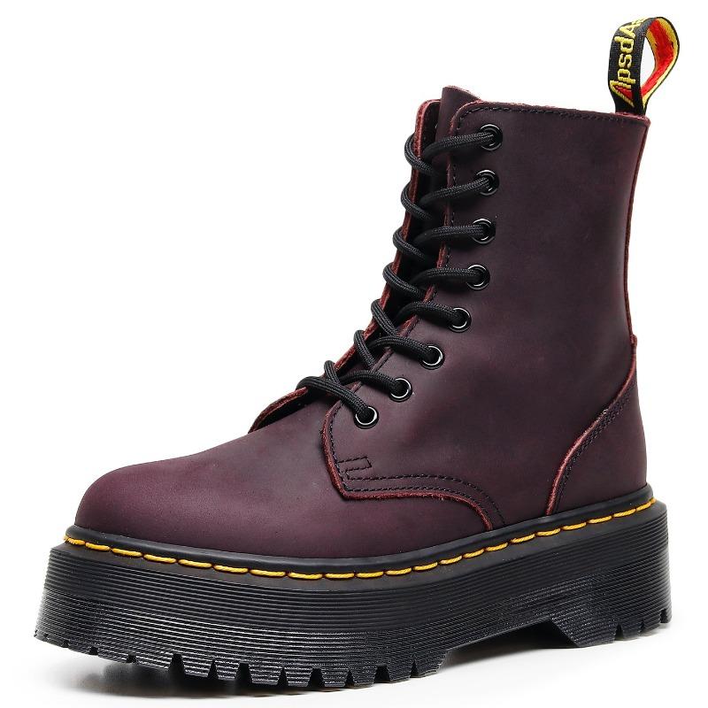 First Layer Thick Bottom Hole Locomotive Boots Women, Side Zipper Mad Horse Purple Short Boots Leather Muffin Bottom Tooling
