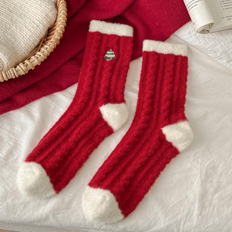 1/4 Pair Autumn Winter Christmas Pattern Mid-Tube Socks Christmas Tree Snowman Sausage Dog Embroidery Cotton Socks New Year Gift