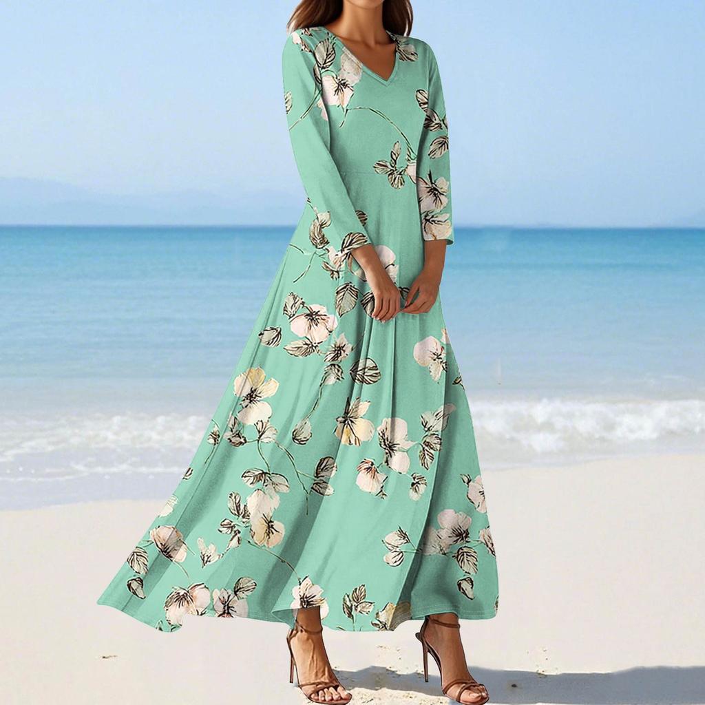 Women's Fashion V-Neck Floating Beach Dresses Seven Sleeve Floral Printed Dresses