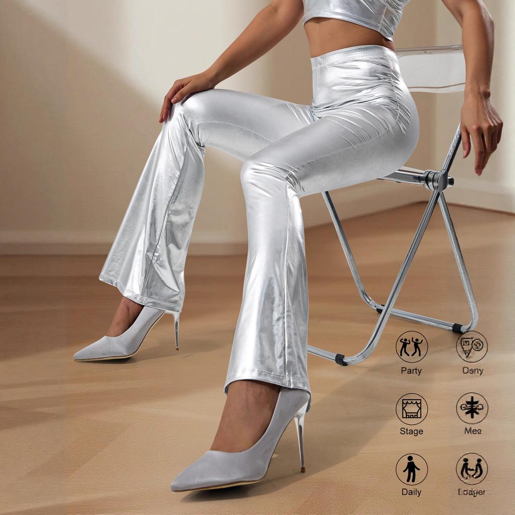 Pantalones Recortados para Mujer con Estampado Dorado Pantalones Largos Acampanados Plateados Casuales de Moda