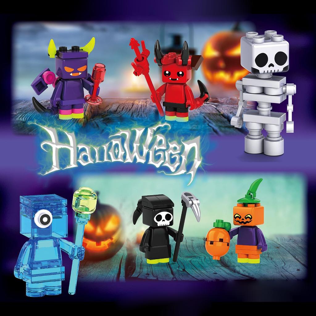 Halloween Small Particle Building Blocks Cross Border Pumpkin Lantern Elf Skeleton Boy Toy Children'S Gift Night Light