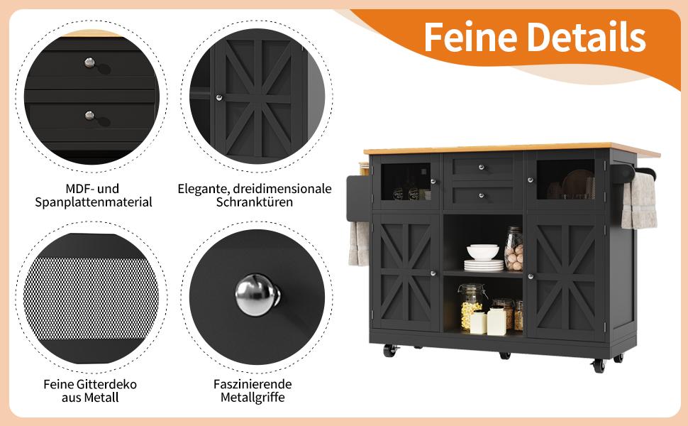 Isola cucina, carrello da pranzo con piano di lavoro, credenza, venature del legno, portasciugamani laterale, ante con rotelle, divisori regolabili, nero