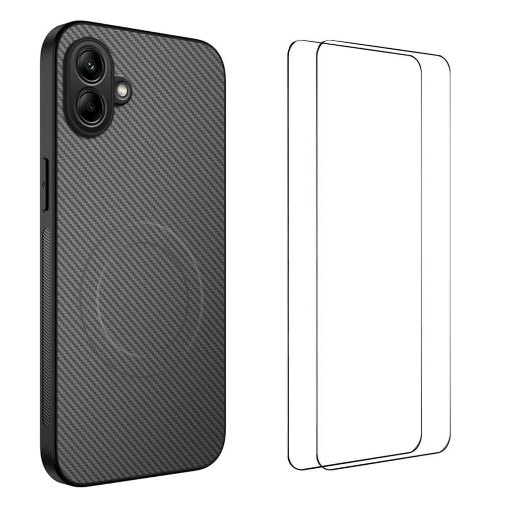 For Samsung Galaxy A06 5G Magnetic Case WANLONFENG TQ1 Series Carbon Fiber Texture PC TPU Phone Cover with 2Pcs Screen Films