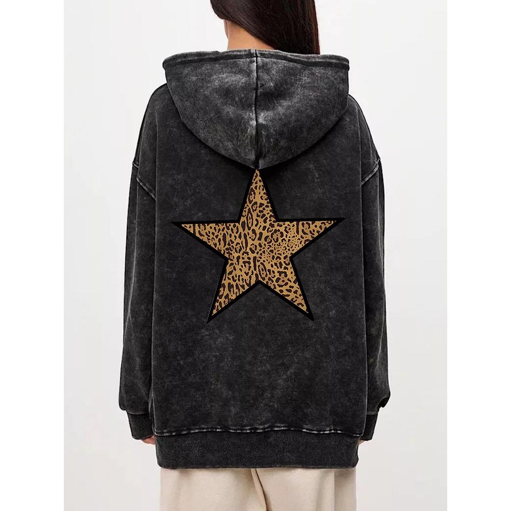 Vintage Womens Acid Wash Hoodies Leopard Pentagram Printing Pullovers Pocket Oversize Cotton Sweatshirts Clothes