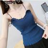 Sexy Camisole mit dünnen Schultergurten und Rüschenkragen für Damen, schmale Passform, kurze Außenseite, ärmellos, gestricktes Tanktop, einfarbig, vielseitig einsetzbar