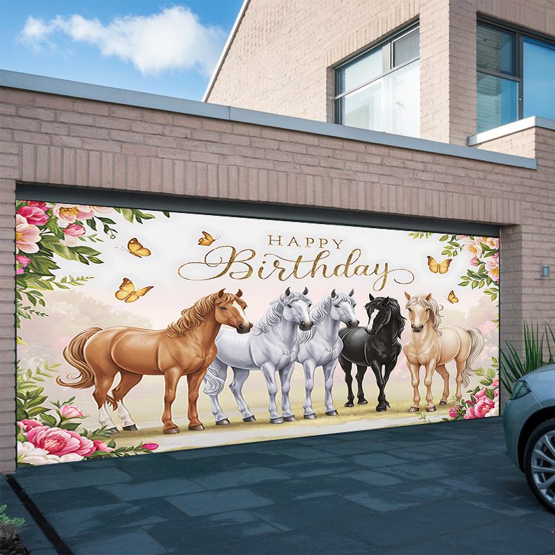 A Birthday Party Banner Themed On Horses - Featuring Vibrant Flowers and Butterflies Decorating the Background Fabric