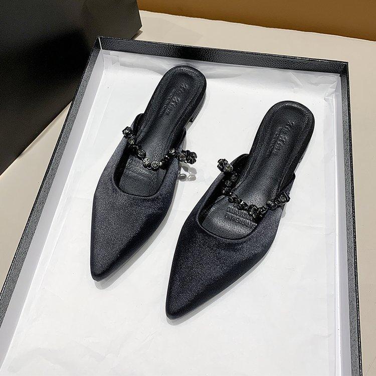 

Остроконечные балетки со стразами женские 2025 новые французские феи телесного цвета, ветровая сумка, полутапочки с одной педалью, женские туфли 35 чёрный