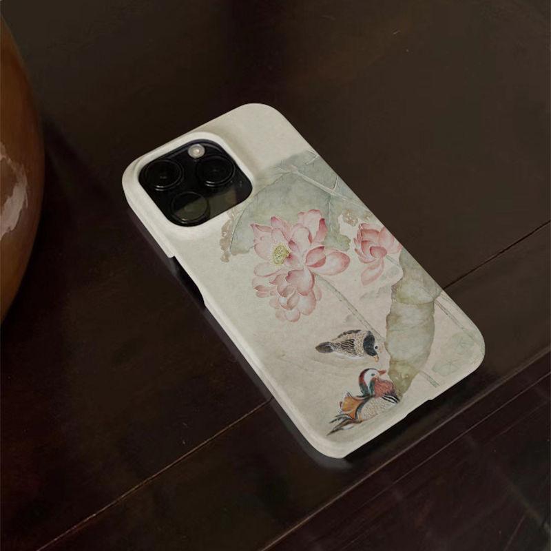 Aesthetics Elegant Traditional Chinese Lotus Mandarin Ducks Phone Case For IPhone 17 16 Plus 15 14 11 12 13 ProMax Durable Cover
