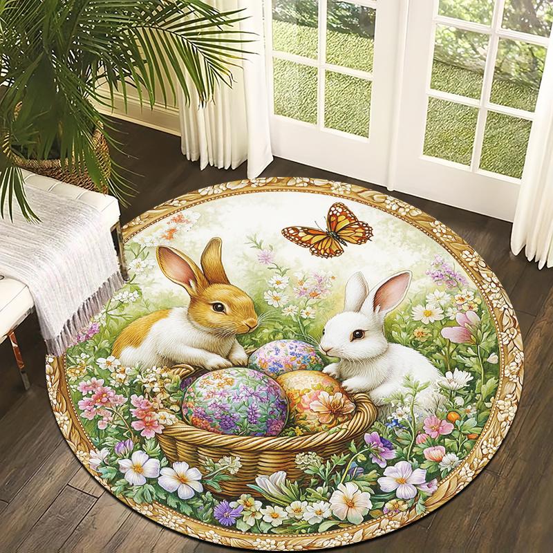 

Holiday Rabbit Round Rug Non-Slip Machine Washable Floor Mat 2D Flat Lightweight Area Rug for Living Room Spring Decor 60X60cm