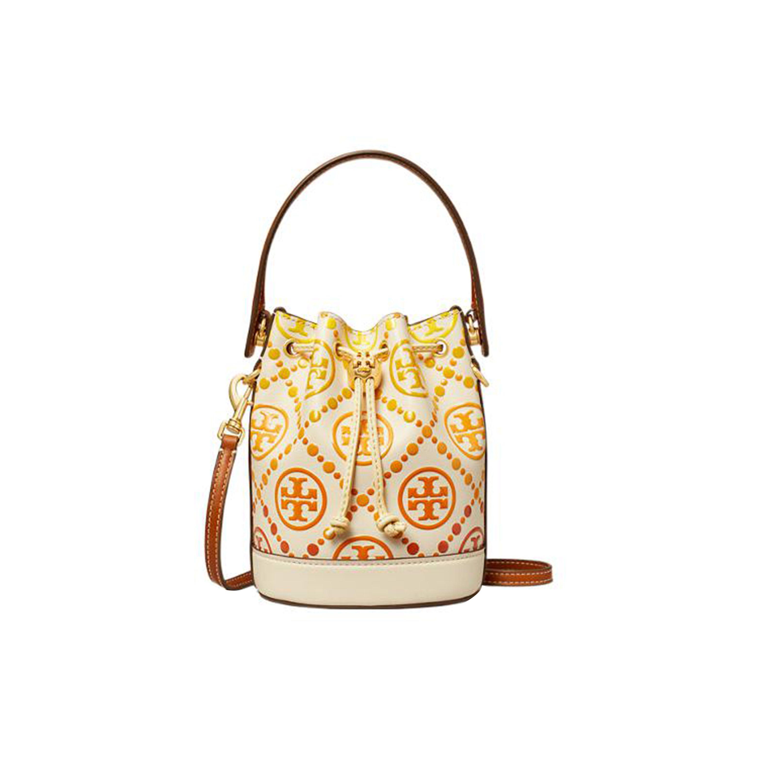 

Tory Burch Twill T-Logo Embossed Drawstring Bucket Bag Women handbags Ivory Orange 148682-104 Basic Set (Bag+Dust Bag)