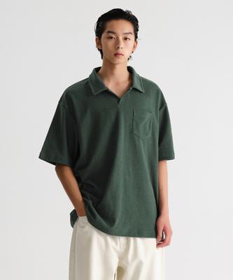 Terry Cloth Slit Neck Polo Shirt [Deep Green]
