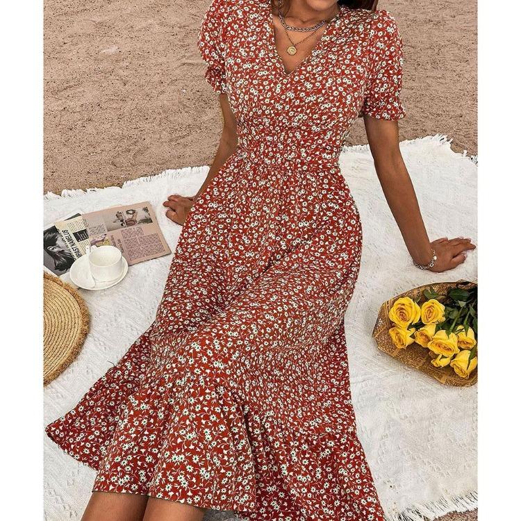 Summer Floral Print V Neck Long Dress for Women High Waist Ruffled Short Sleeve Maxi Dress Lightweight Breathable Work Vacation Dress