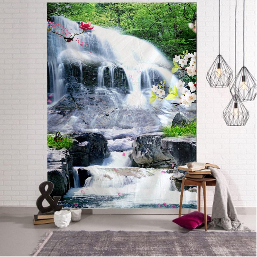 Beautiful Forest Waterfall Tapestry Natural Landscape, Wall Mounted, Background Cloth, Home Living Room Bedroom Wall Decoration