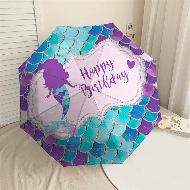1pc Mermaid Happy Birthday Automatic Folding Umbrella, Heavy Duty 8 Rib Iron Frame,  Suitable for Travel, Daily Use, Birthday, Decor Gift m0104036