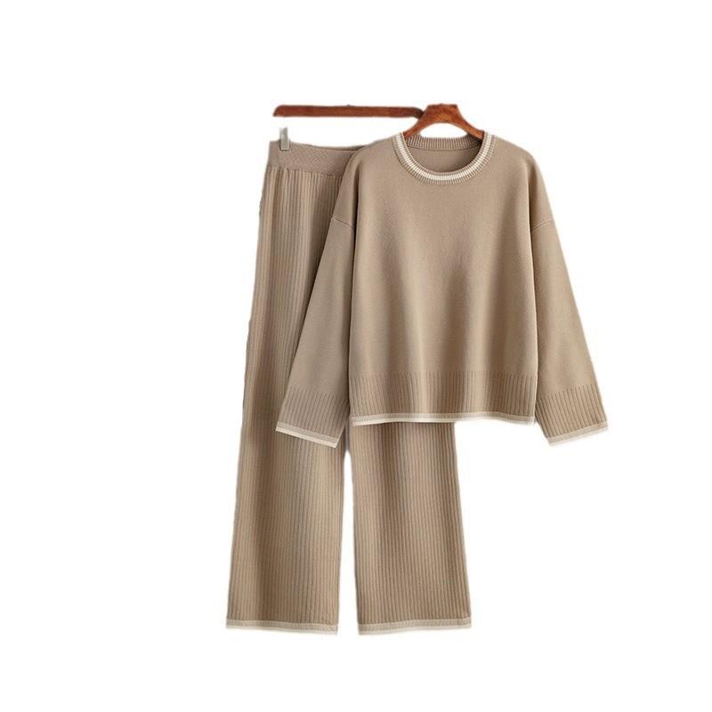 Høst Vinter Lazy Wind Løs O-hals Genser Dress Dame Ensfarget Langermet Strikk Bred Ben Bukser Kontrastfarge Todelt sett