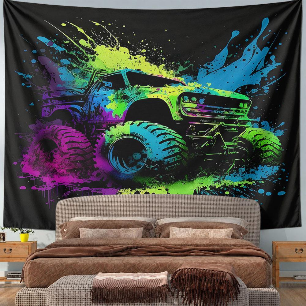 Neon Monster Truck Splash Art Pattern Wall Hanging Tapestry Decorative Tapestry Home Decor for Bedroom and Living Room