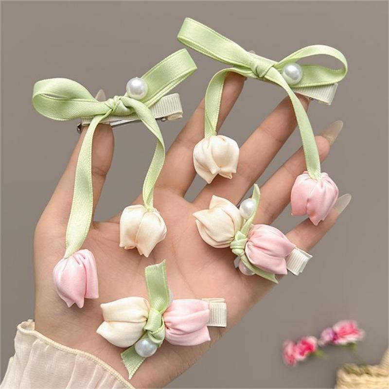 4PCS Korean Hair Accessories Sweet Pink Tulip Flower Clip Pearl Bow Duckbill High-end Fabric Elegant Casual Girl's Headwear 2025 New