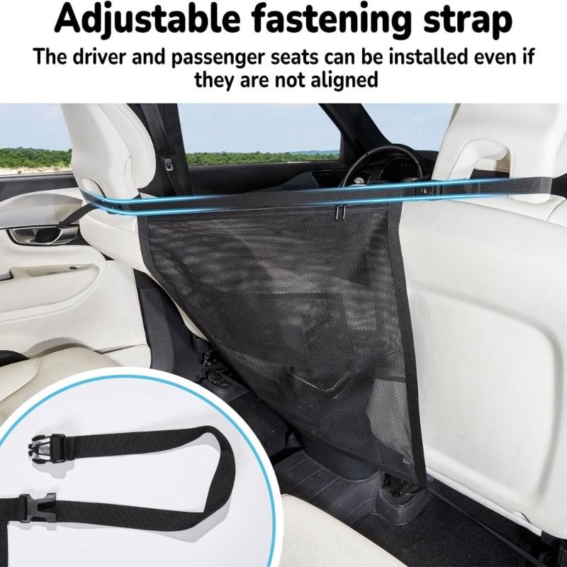Dog Car Barrier Mesh Screen with Rear Seat Divider, Headrest Mount, Center Pocket and Cabin Partition for Daily Driving, 69 X 59 Cm