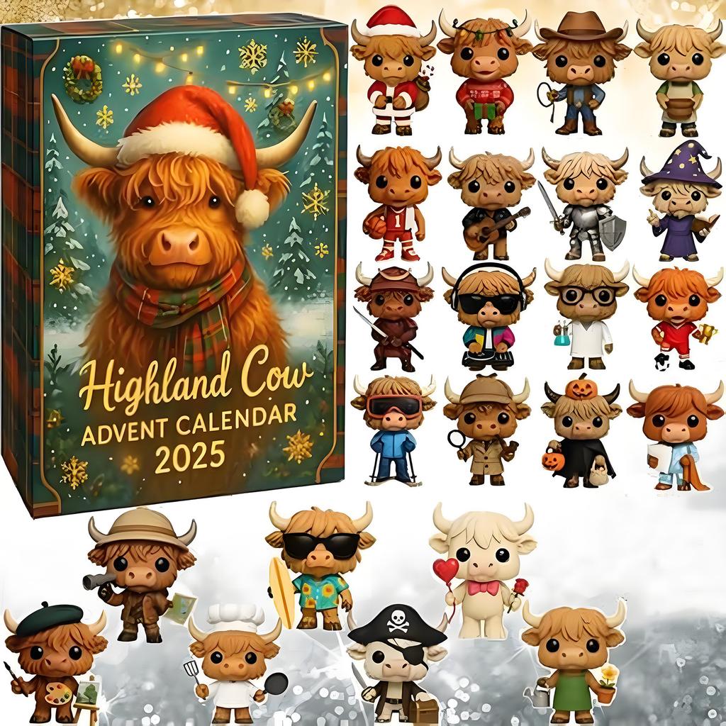 3D Highland Cow Christmas Advent Calendar 2025 with 24 Doll Holiday Gift Calendar Xmas Calendar for Home/Office/Tree Xmas Decor