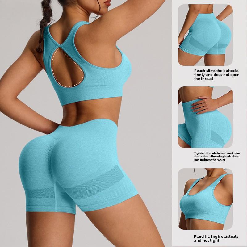 Summer Sexy Back Hollow Out Seamless Yoga Set Women Fitness Outfits Peach Hip Shorts Suit Shockproof Sports Bra Gym Running Suits
