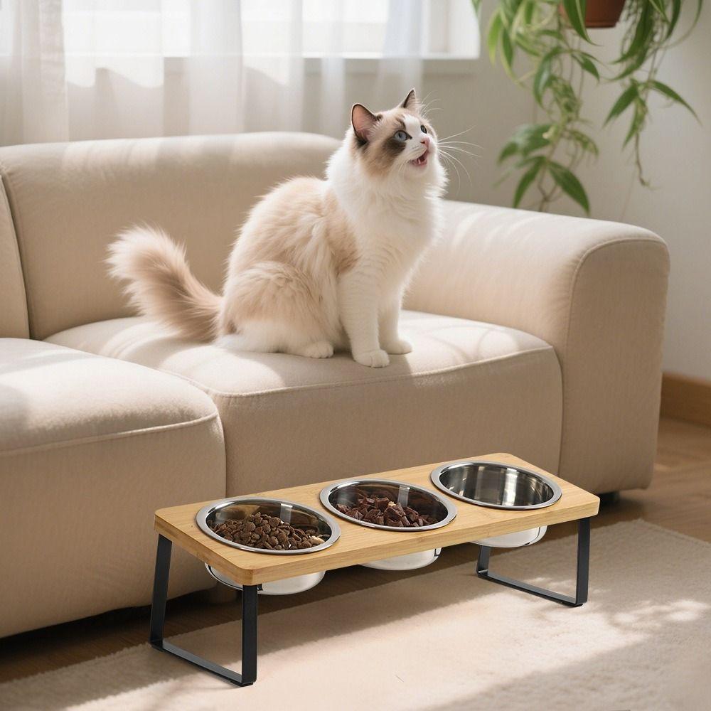 Pet Feeder Non Slip Wood Cat Bowl Stand Anti-Vomiting Anti-Leak Elevated Pet Bowls with 3 Bowls Pet Food Water Bowl for Home