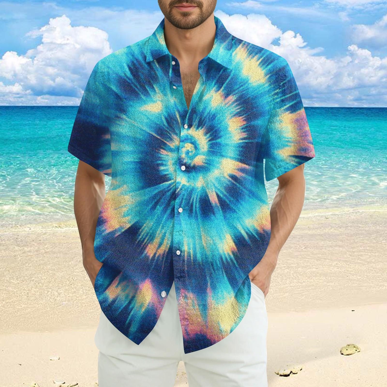 

Men s Fashion Loose Tie- Printed Short Sleeve Beach Shirt XXL ціан