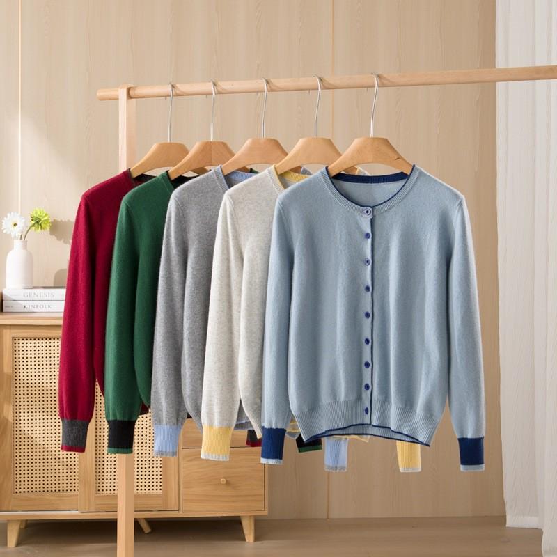 Early Autumn Women's Color Block Cashmere Cardigan - Round Neck, 9 Resin Buttons Sweater Coat