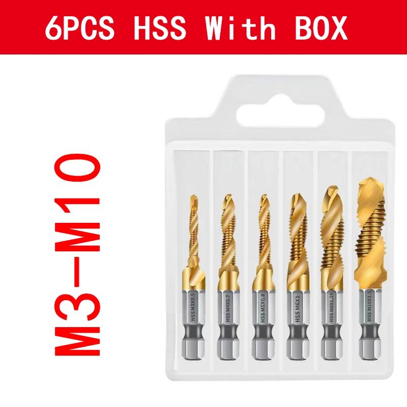 1-6PCS Tap Drill Titanium Plated Hex Shank HSS Screw Thread Metric Tap Bits Screw Machine Compound M3 M4 M5 M6 M8 M10 Hand Tools