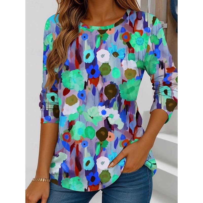 Summer Women's T Shirt Floral Graphic Plants Stylish Casual Long Sleeve T-shirts Round Neck Regular Tops Flower Printed Pullover