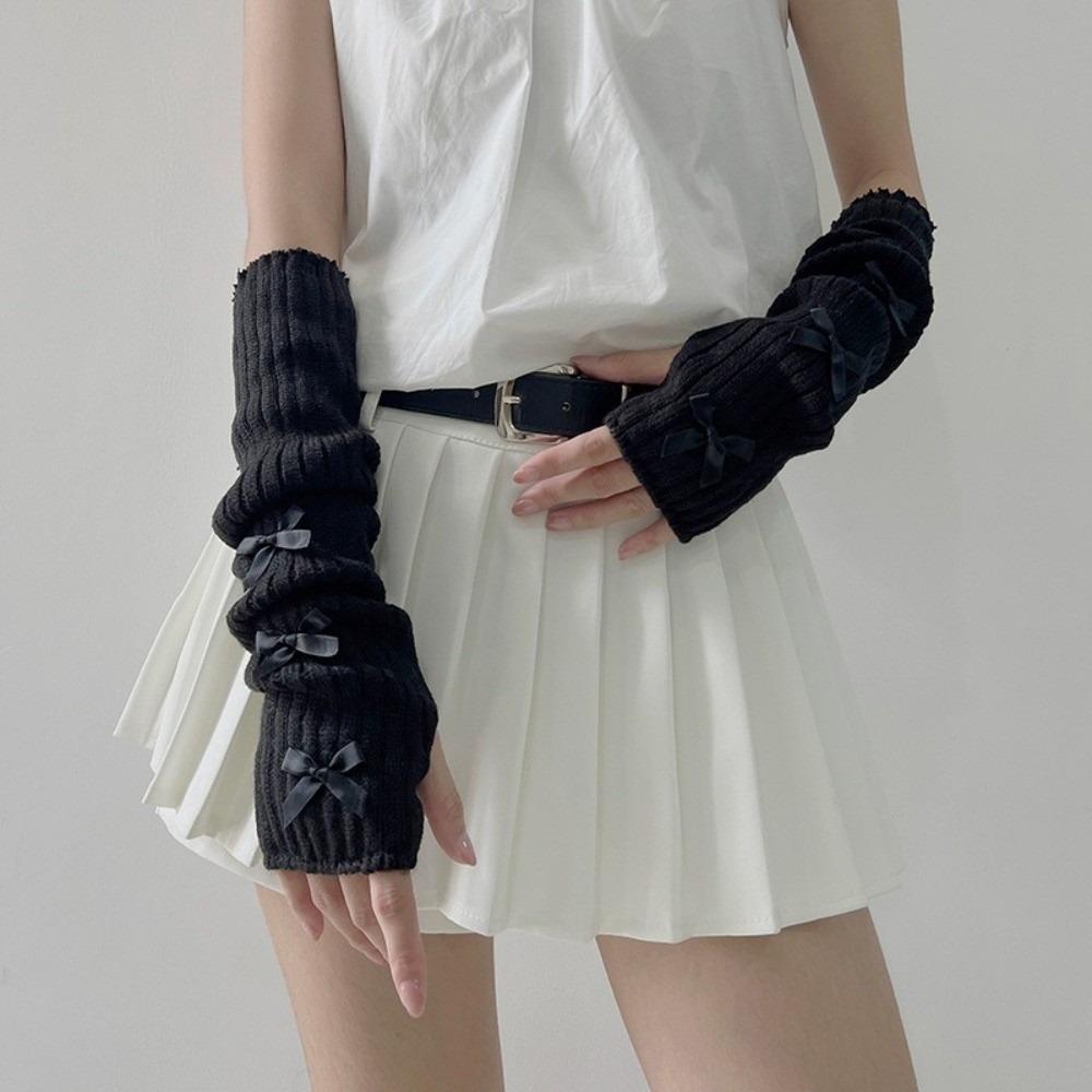 Slouchy Y2K Fingerless Gloves Long Wrist Cuffs Sweet Bow Knitted Arm Warmers Girls