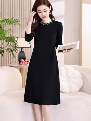 Hepburn Style Women's Elegant Black Midi Dress - Versatile Long Sleeve for Spring/Autumn 2026
