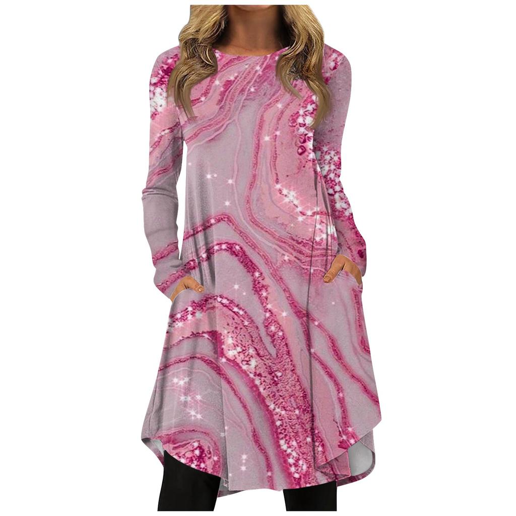 Women's Fashion Casual Print Round Neck Pullover Loose Long Sleeve Dress