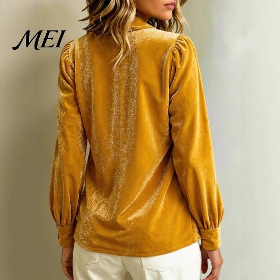 Autumn Shirt Fall Winter Women Velvet Shirt, Regular Fit Button Down Long Sleeve Office Work Top Top, Soft Solid Color Lapel Collar Blouse for