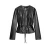 Women's Spring Clothing Fashion Style Short Skirt Hem Poly Urethane Leather Round Neck Long Sleeves Jacket Outwear 3046069