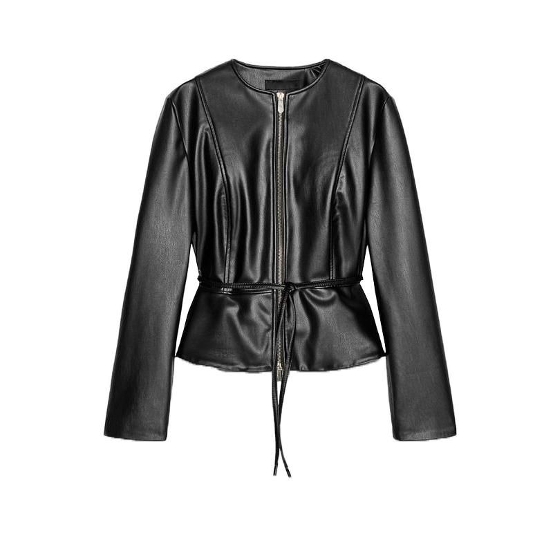 Women's Spring Clothing Fashion Style Short Skirt Hem Poly Urethane Leather Round Neck Long Sleeves Jacket Outwear 3046069