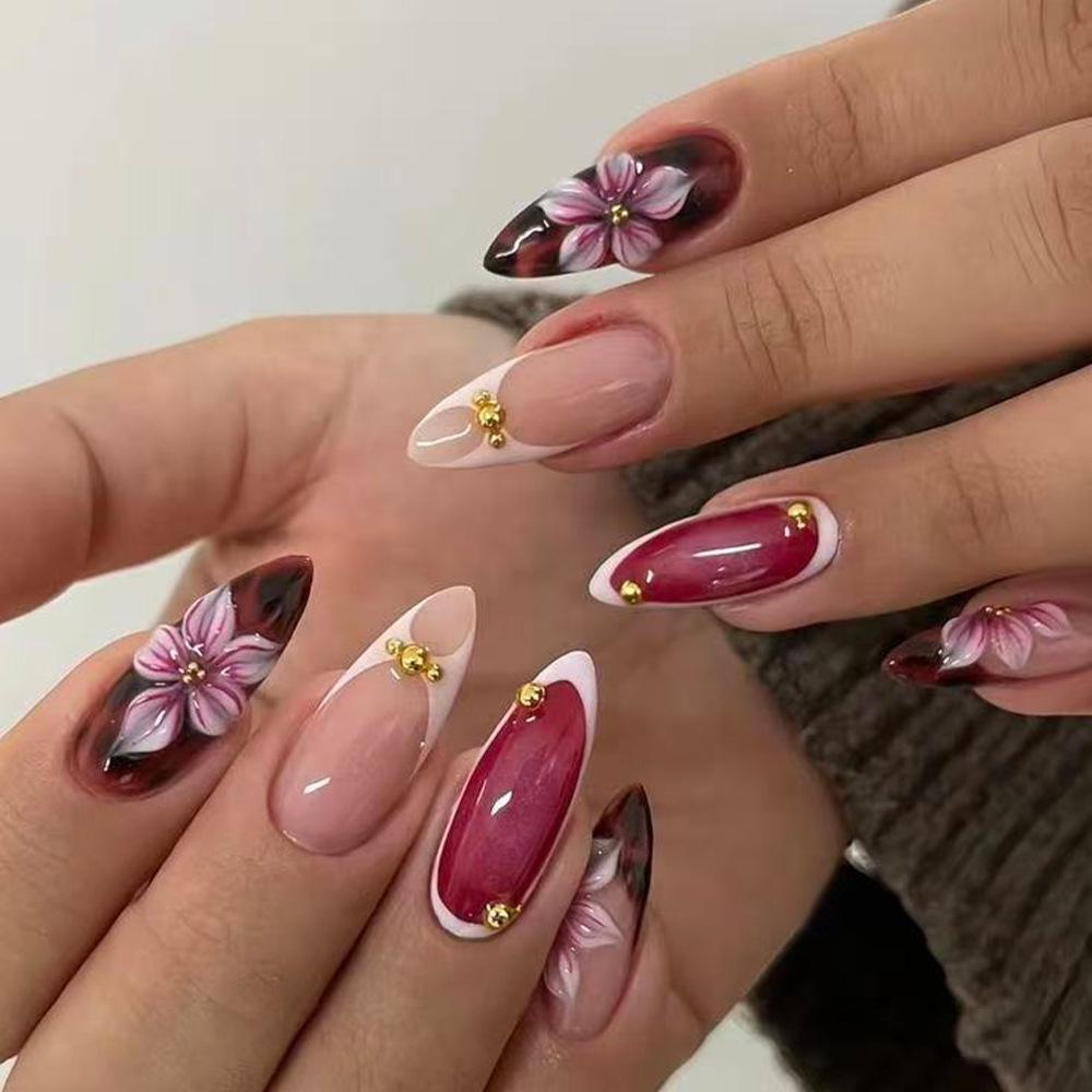 3D Pink Flower Leopard Print Almond Medium-Long French Wearable Nail Tips