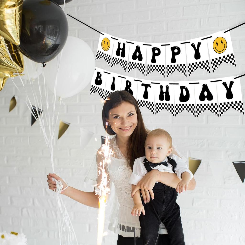 One Happy Dude Birthday Banner Hippie Groovy Smile Face Bunting Garland Handmade Party Paper Banner for First Birthday Party Baby Shower Backdrop