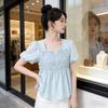 Korean princess short Spice girl square collar coffee break light-colored new flared sleeve slim French casual short-sleeved top summer