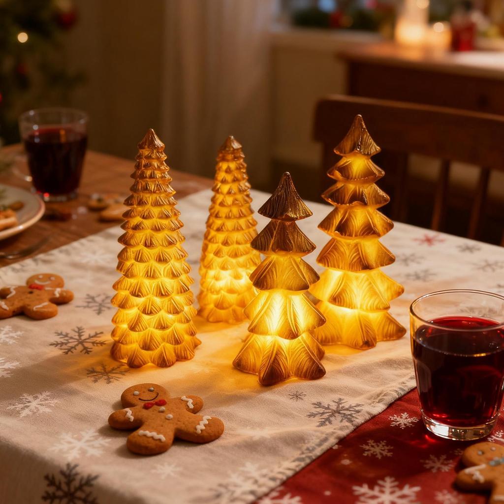 4 Pieces LED Golden Christmas Tree Statues Mini Desktop Tree Christmas Decorations Tabletop Christmas Tree For Living Room