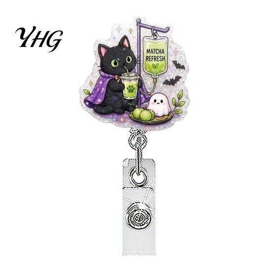 Id Card Holder Clip Halloween Retractable Badge Reel, Ghost Black Cat And Pumpkin Design, Work Accessories 360 Degree Rotating Acrylic ID for