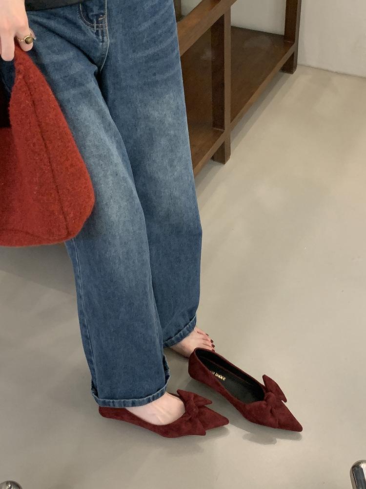 Soft-soled Single Shoes Women's Shallow Mouth 2025 New Autumn Pointed Head Shallow Mouth Thick Heel Soft Leather Bow Fairy Women's Shoes Tide