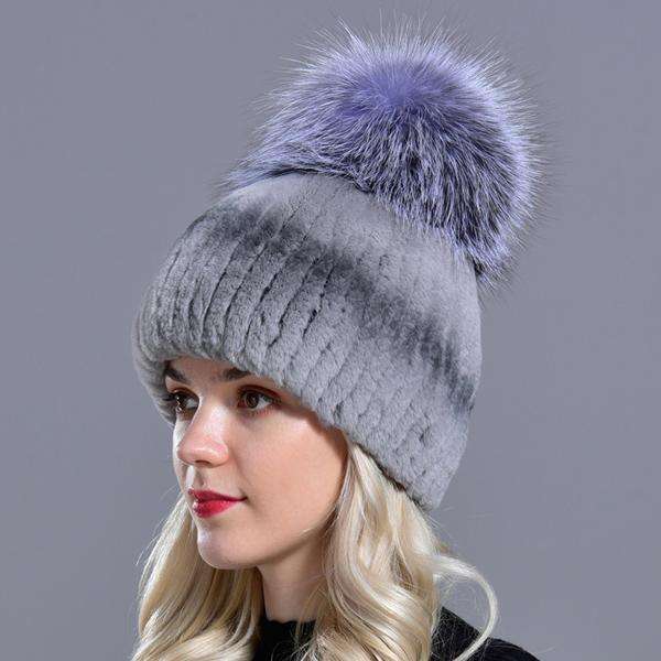 Women Winter Fur Hats Natural Rex Rabbit Fur Pompom Knitted Warm Elastic Fashionable Fluffy Thick Outdoor Genuine Real Fur Hat