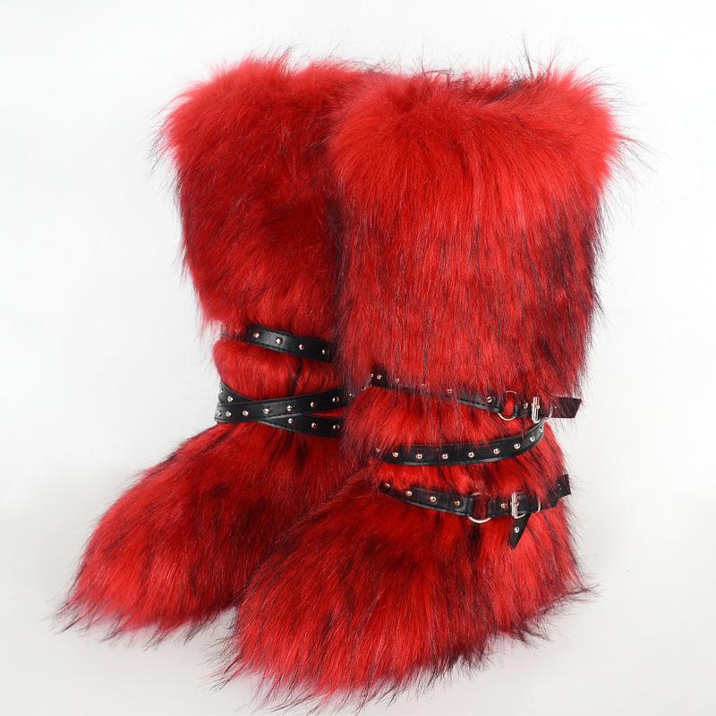 Damen Winterimitat Fuchsfell Stiefel Gürtel Punk Europäisch und Amerikanisch hoher Schaft 40 langer Schaft Schneestiefel Schuhe