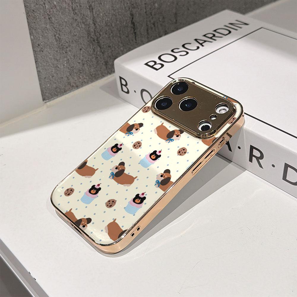 Lucky Start Phone Case For iPhone 17 16 15 14 13 12 11 Pro Max 16E Gold Electroplated glass shell Cute Dog Dessert Pattern Cover