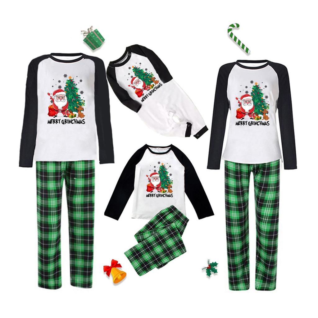 Santa Claus Pattern Autumn Shirt Top Trousers Casual Family Green Long Pants Suit Plaid Raglan Sleeve Top Pants Sleepwear Outfit