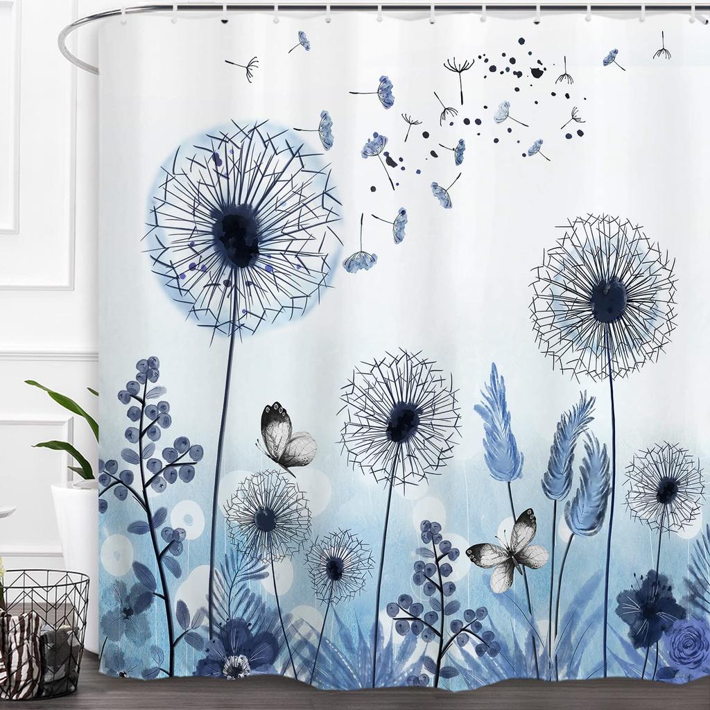 Blue Floral Shower Curtain Watercolor Flower Bath Curtain Polyester Fabric Waterproof Bathroom Curtains with Hooks Bath Screen