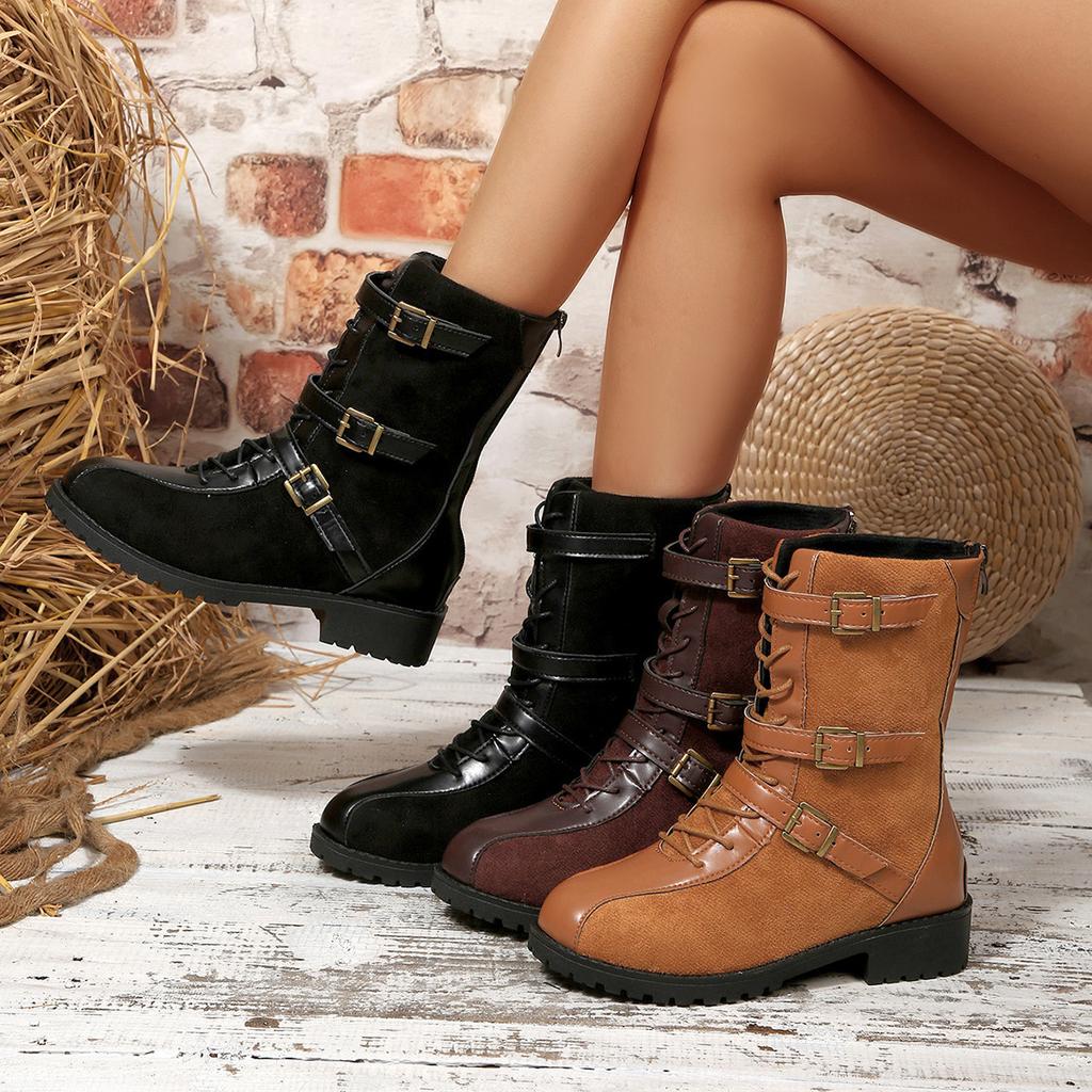 Belt Buckle Martin Boots Women's Winter Round Head Large Size Vintage Medium Boots 43