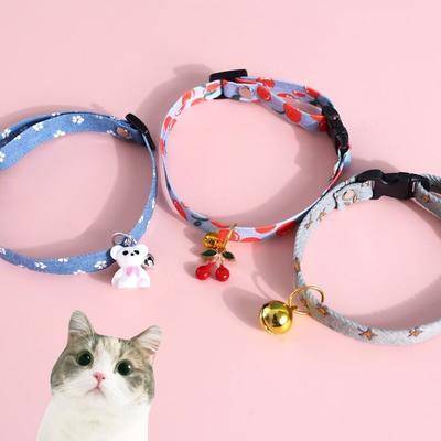 Coleira de Pet de Brim Ajustável Com Pingente de Estrela Cereja Urso Sino Gatos Cachorros