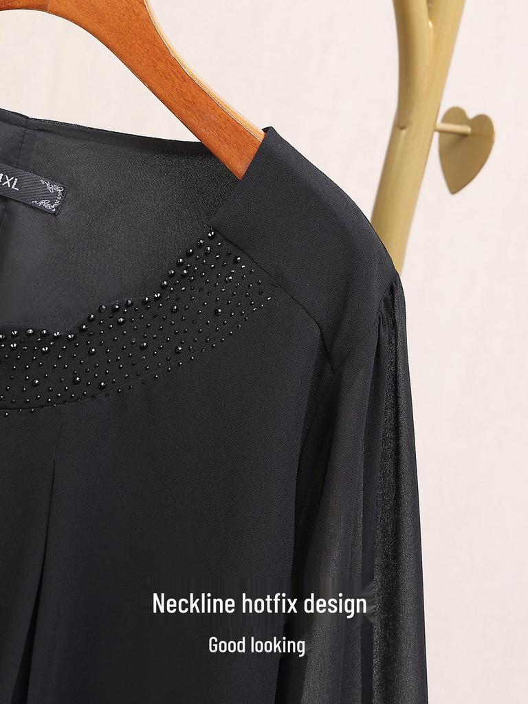 8087T Damröd chiffongblus i stora storlekar – Höst Lös passform Långärmad Slimmande topp