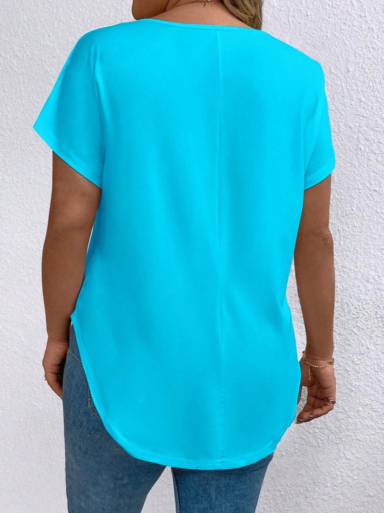 Plus Size Women's V-Neck Short Sleeve Loose Pullover T-Shirt - Solid Color for Spring/Autumn 2026